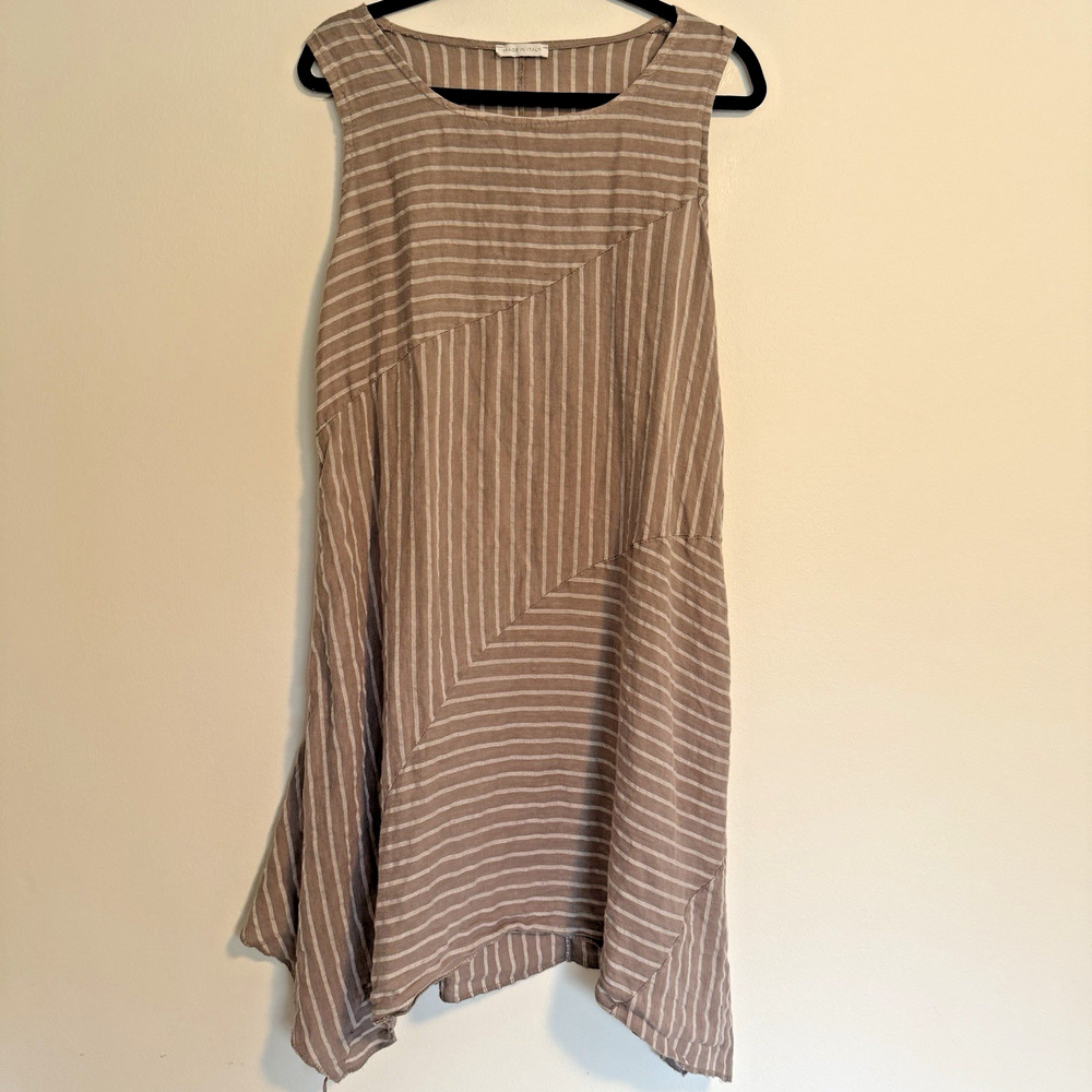 Boho Minimalist Summer Dress • Natural Linen • Neutral Stripes • Size M–L ITALY